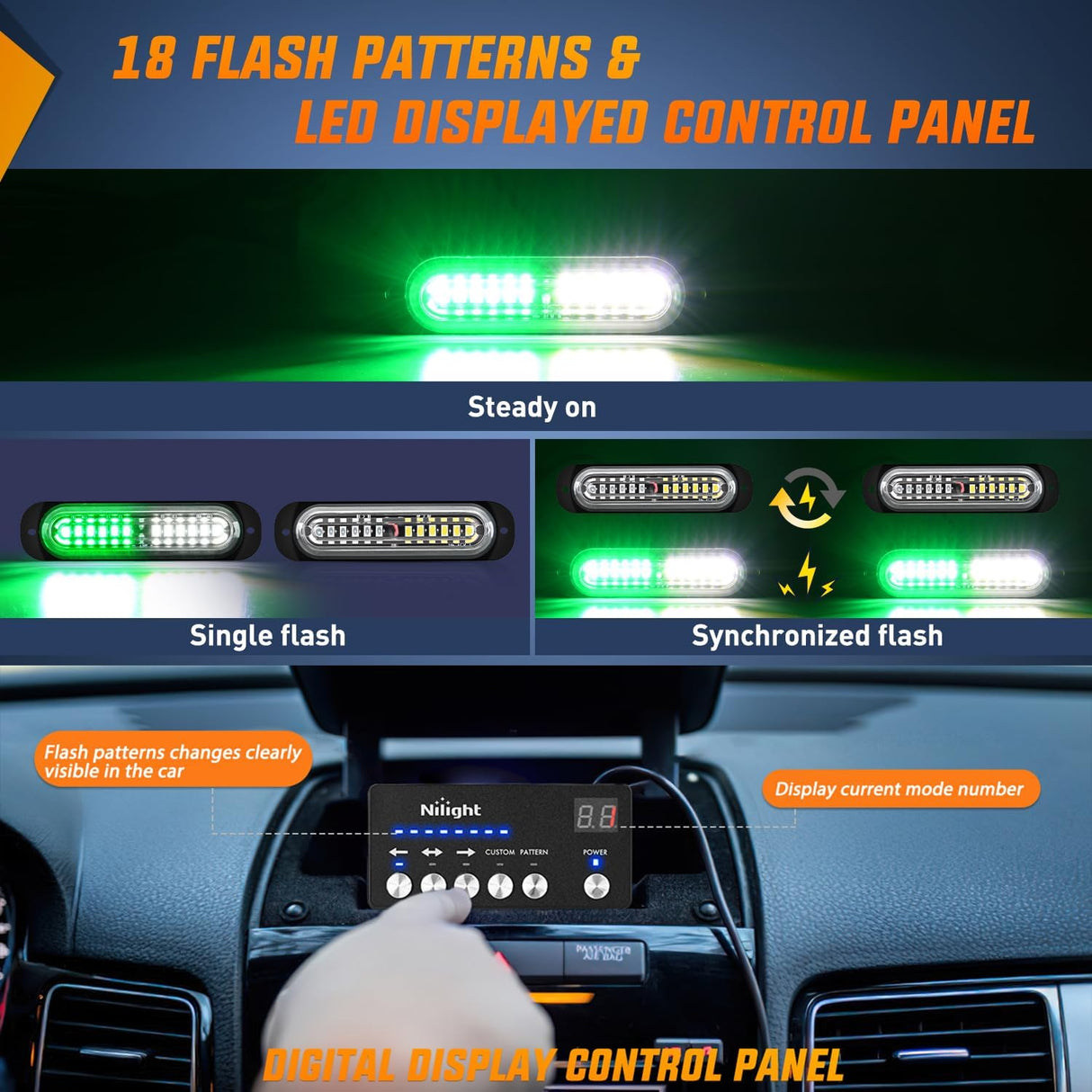 8PCS Led Strobe Lights with Controller 12V 24V Sync Feature Green White Strobe Light 12 LED Surface Mount Emergency Hazard Warning Lights with Strobe Controller for Vehicle Car Truck RV ATV