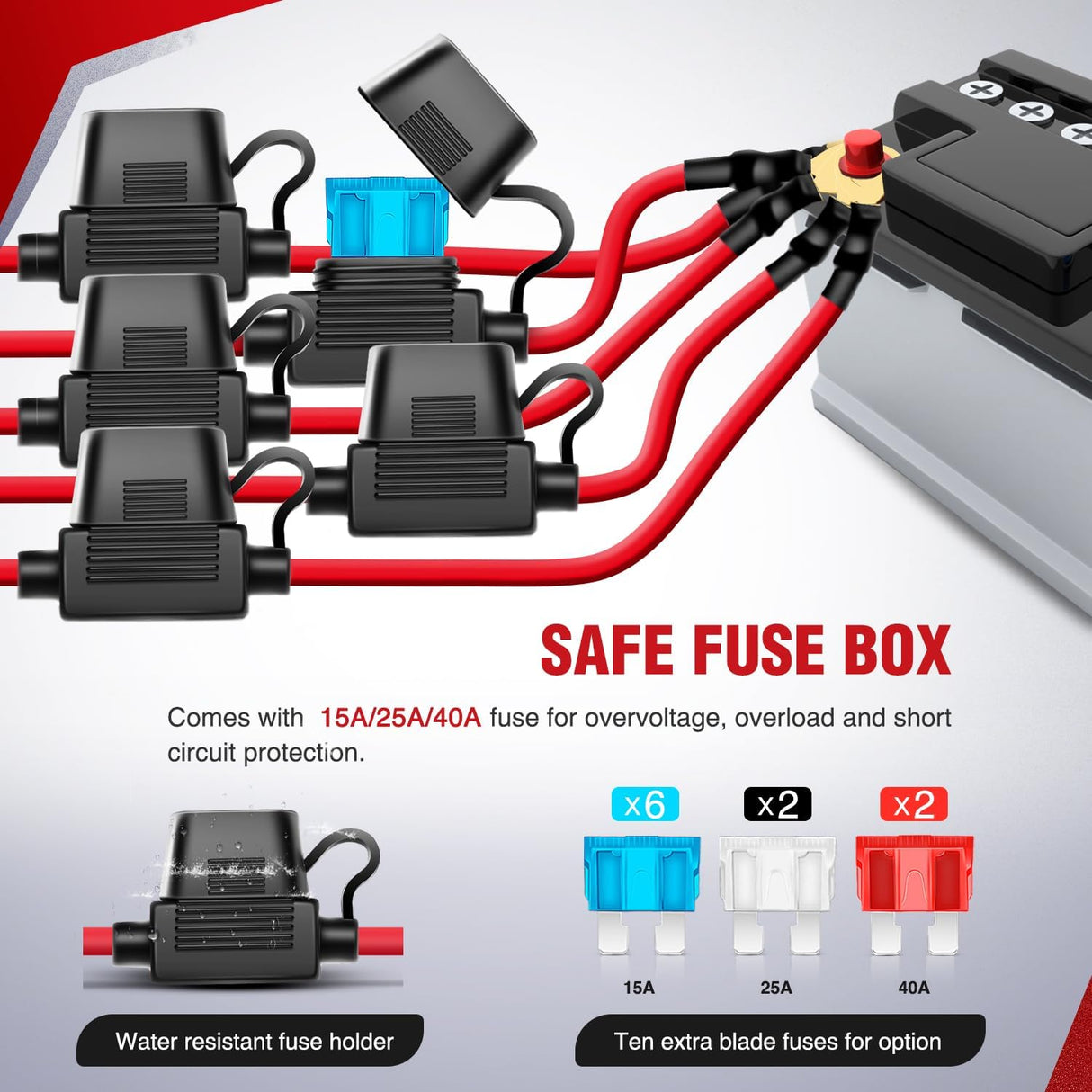 16AWG 14AWG 12AWG LED Light Bar Wiring Harness Kit 12V On/Off 5 Gang Rocker Switch Panel Power Relay Blade Fuse 5Pin Toggle Switches for Cars Boat ATV Trucks-10 Leads