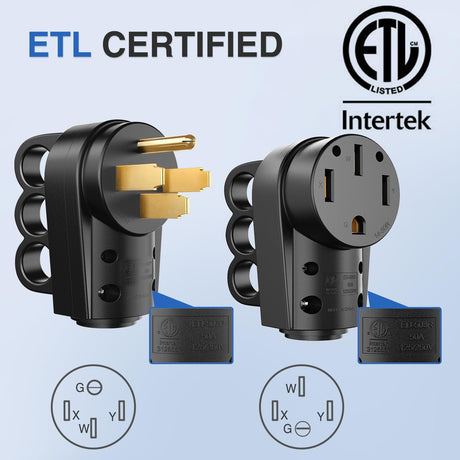 50 Amp RV Male and Female Plug Set 14-50P 14-50R Receptable 125V/250V Volt Heavy Duty Electrical Camper ETL Listed for Caravan Motorhome Van Trailer