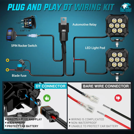 LED Pod Light 2 PCS 3.8 Inch 35 W 7 LED Square Hyper Spot Beam Offroad Driving Lights w/16 AWG Rocker Switch Wiring Harness Kit for Truck Motorbike Boat ATV UTV