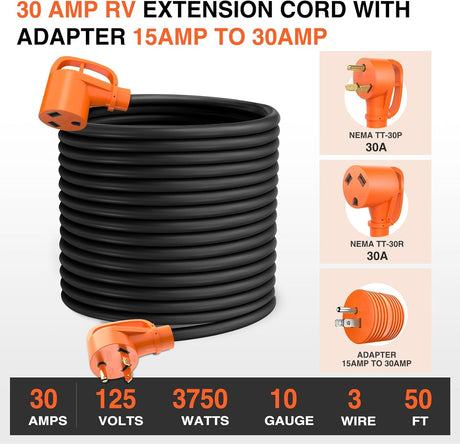 50FT 30 Amp RV Extension Cord with Adapter 15Amp to 30Amp 125V Heavy Duty 10/3 Gauge Pure Copper STW Wire UL ETL Listed 3 Prong TT-30P TT-30R Weatherproof Suit for Generators Campers
