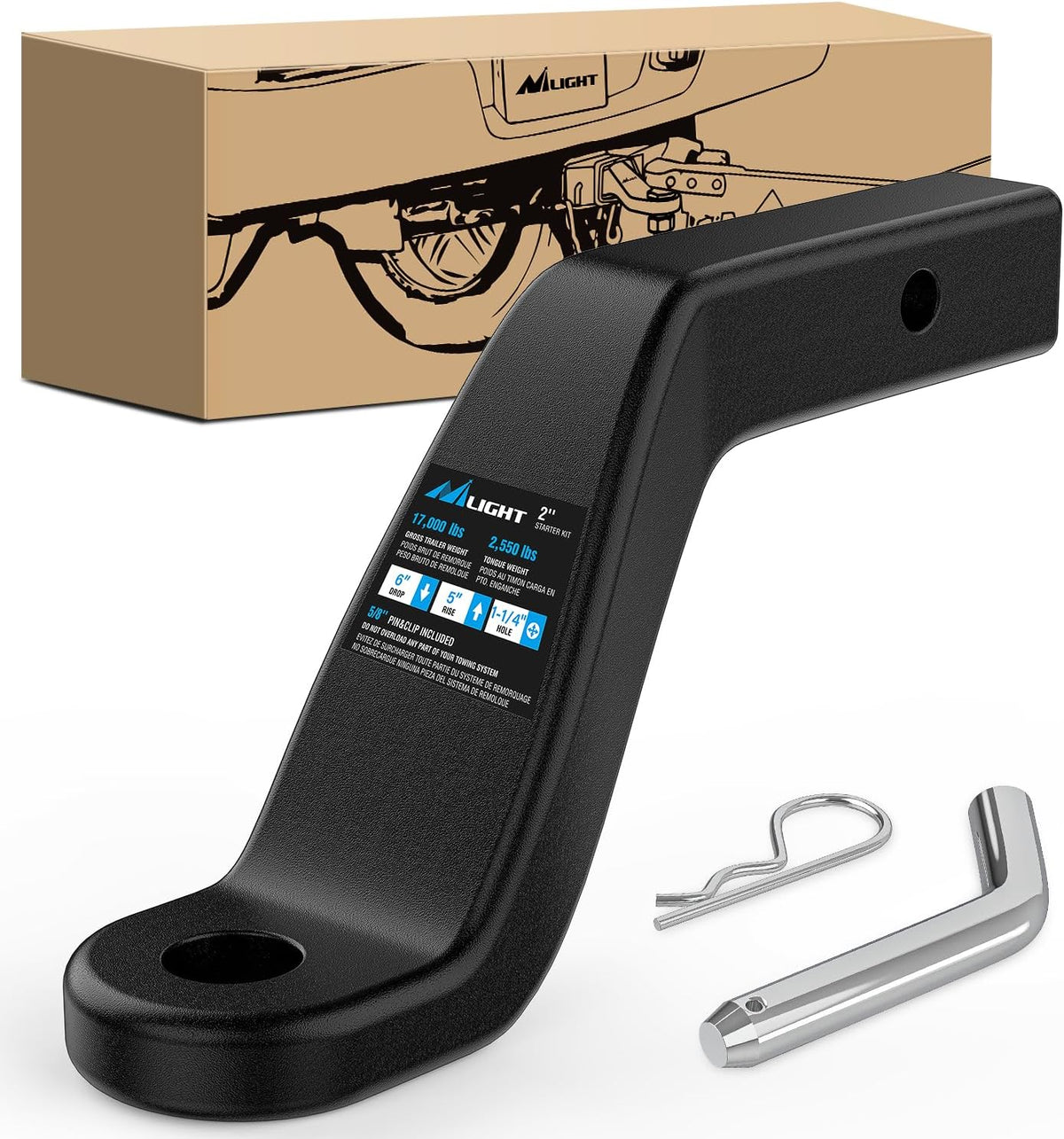 Forged Trailer Hitch Mount Fits 2 Inch Receiver Square 5/8 Inch Hitch Pin Clip 17000 lbs 6 Inch Drop, 1-1/4 Inch Hole, Gloss Black Powder Coat