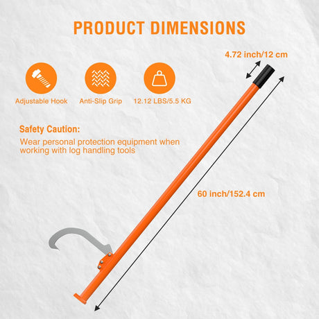 60 Inch Cant Hook for Log Roller Logging Tools with Adjustable Steel Cant Hooks & Rubber Grip Heavy Duty Timberjack Log Lifter Mover for Rolling, Raising, Turning Logs up to 32 Inch Diameter, Orange