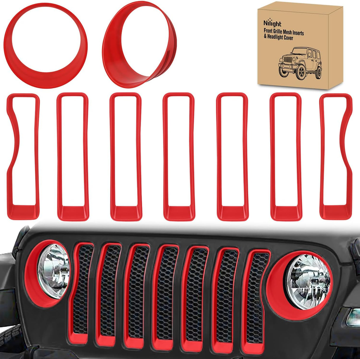 Grill Inserts fit for Jeep Wrangler Front Grille Inserts Headlight Cover Set for JL JLU Unlimited Sport SportS 2018 2019 2020 2021 2022 2023 Grille Bezels Trim Exterior Accessories Red 9 Pcs