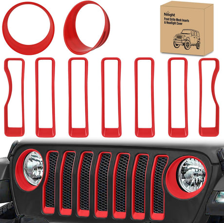 Grill Inserts fit for Jeep Wrangler Front Grille Inserts Headlight Cover Set for JL JLU Unlimited Sport SportS 2018 2019 2020 2021 2022 2023 Grille Bezels Trim Exterior Accessories Red 9 Pcs