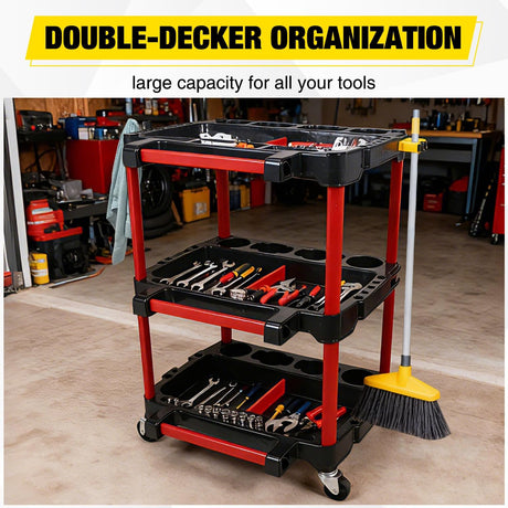 3-Tier Car Detailing Cart with Polisher Brackets - Rolling Utility Plastic Cart with Organizer & Hooks - Heavy Duty Mobile Tool Station
