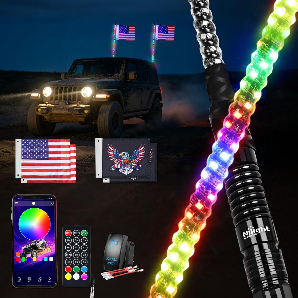 RGB LED Whip Light 2PCS 5FT Spiral Antenna Whips | APP and Remote Control with DIY Chasing Patterns Turn Signal Brake Reverse Functions and Spring Base for ATV UTV RZR and Jeep