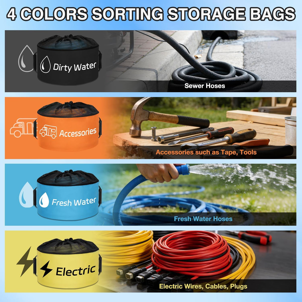 4 Pack RV Hose Storage Bag, Waterproof Utility Bag with Drawstring Mesh Top RV Storage and Organization Bags Container for Sewer, Fresh Water Hoses Electrical Cords Camper Tools Accessories