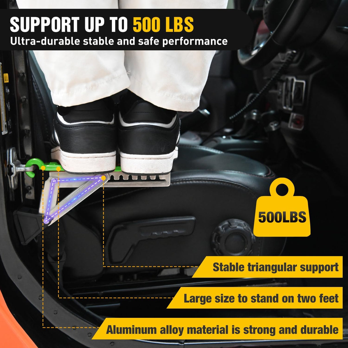 Car Door Step Universal Aluminum Latch Step for Car Roof Access Portable Folding Car Door Latch Hook Step Multi-Adjustable Both Feet Stand Pedal Max Load 500 Lbs for Truck SUV Vehicles, Green
