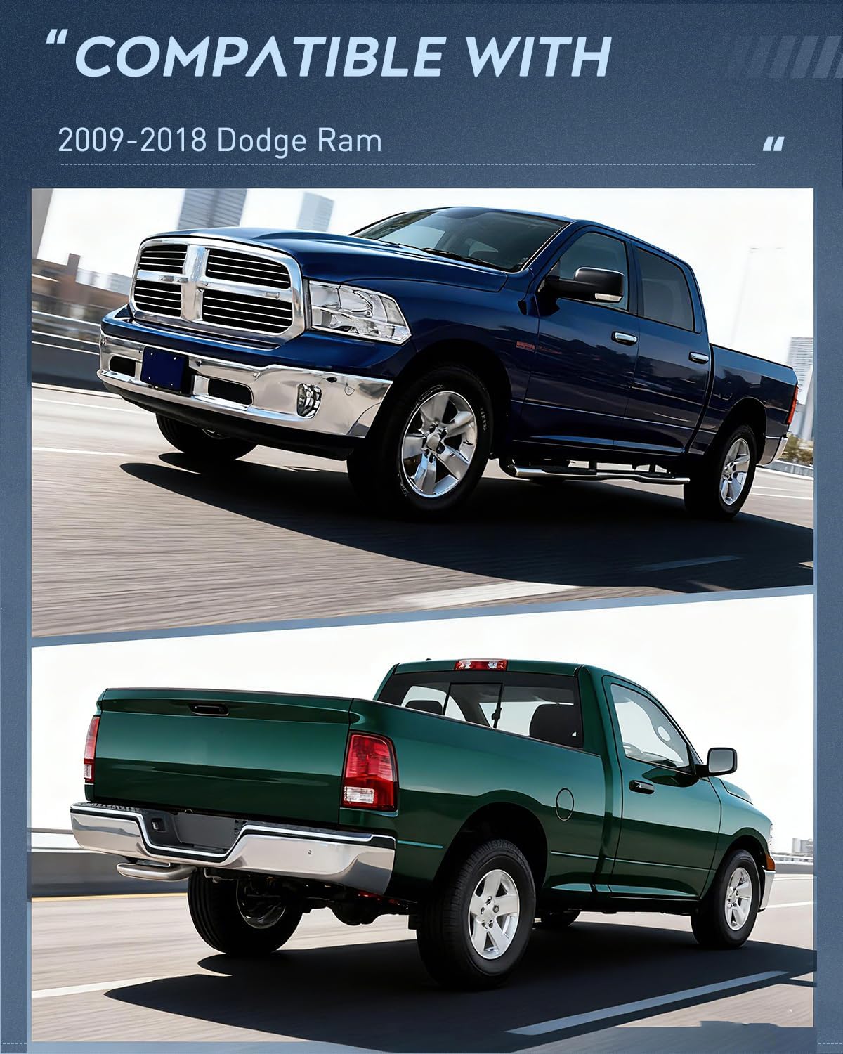 Headlight and Taillight Assembly Combo Compatible with 2009 2010 2011 2012 2013 2014 2015 2016 2017 2018 Dodge Ram for Quad Models Chrome Housing Clear Reflector with Red Housing Tail Light