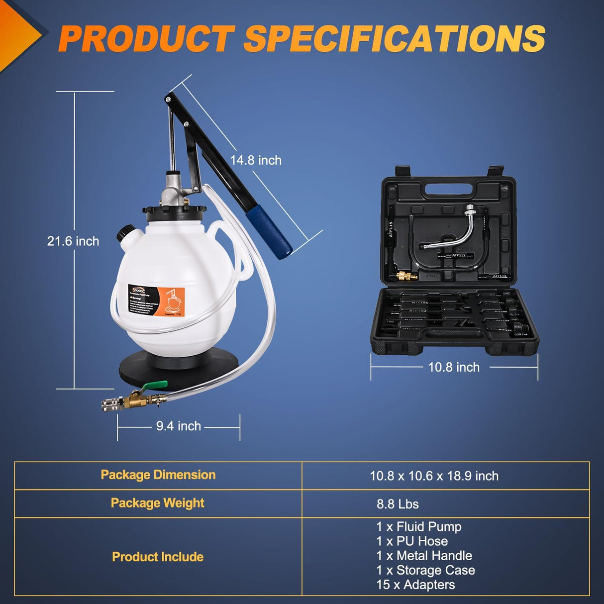Transmission Fluid Pump Kit 7.5L Automotive Manual Oil Pump Extractor ATF Refill Dispenser Transfer Pump with 15 ATF Filler Adapters 2Gal Oil Filling Filler System Fluid Extractor Pump Tool Kit