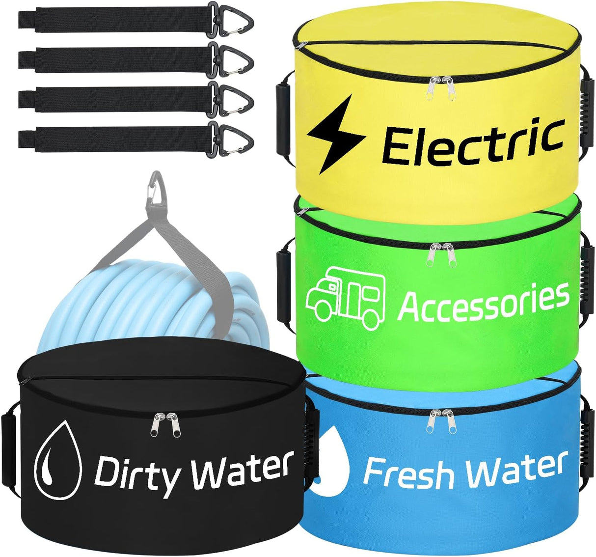 4 Pack RV Hose Storage Bag, Waterproof Utility Bag with Dual Zipper Closure, Handle & Straps RV Storage and Organization for Sewer, Fresh Water Hoses Electrical Cords Camper Tools Accessories