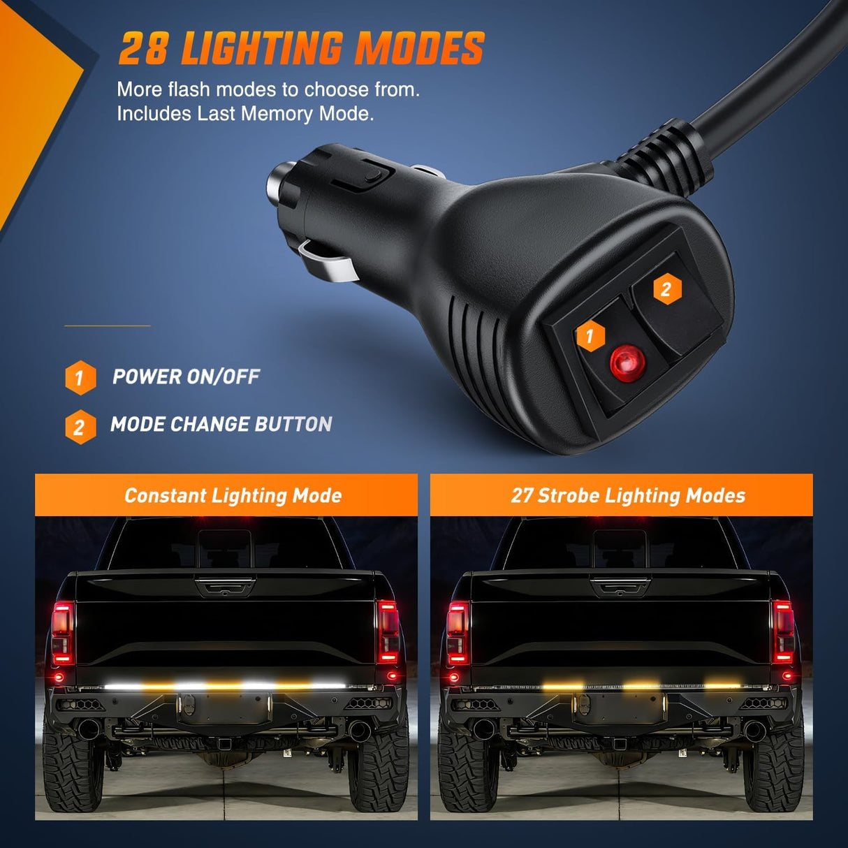 60 Inch Truck Tailgate Strobe Light Strip Tail Emergency Bar Rear Window Warning Lamp Ultra-Bright Double Row 360 LED for Pickup Trailers Construction Vehicles Car SUV, Amber White
