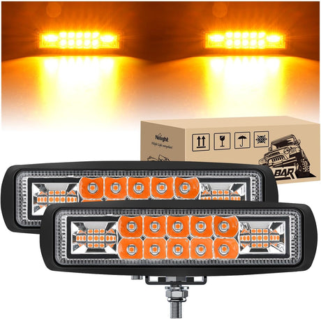 6 Inch Amber LED Light Pods 2 PCS 60W Flood Spot Combo Beam Off Road Work Driving Fog Lighting for 12V 24V ATV UTV Pickup Truck Tractor Boat