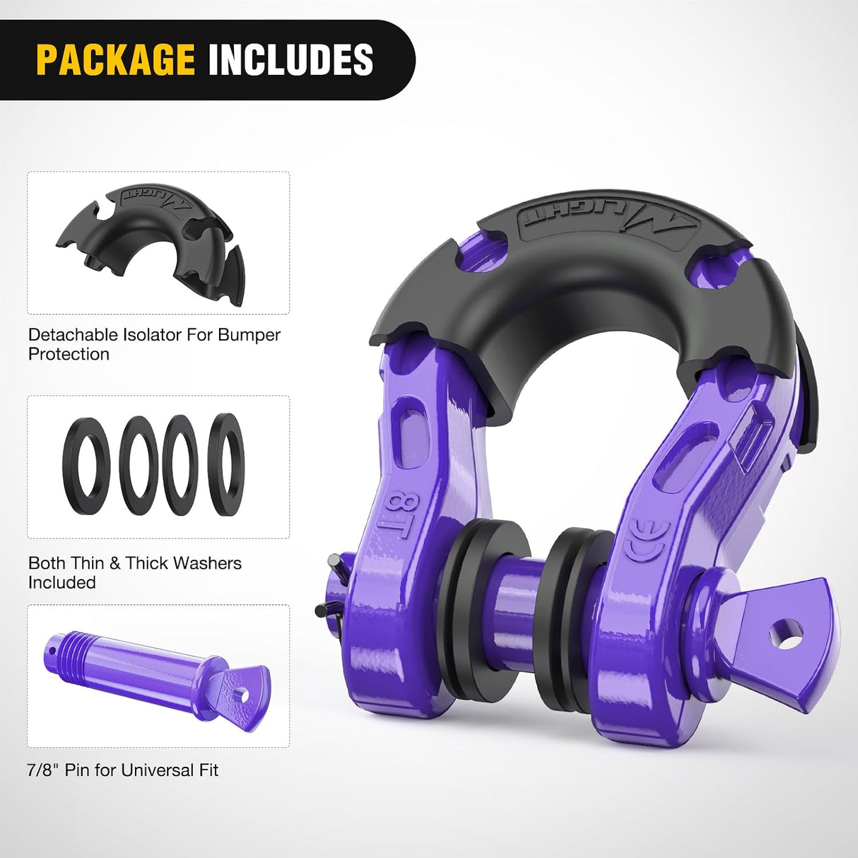 Mega D-Ring Shackles, 3/4 Inch Heavy Duty Recovery Tow Shackle | 7/8 Inch Screw Pin & isolator, 2Pcs Purple, 68,000 lbs Break Strength(17,000 lb WLL), Forged Steel, Off-Road Recovery