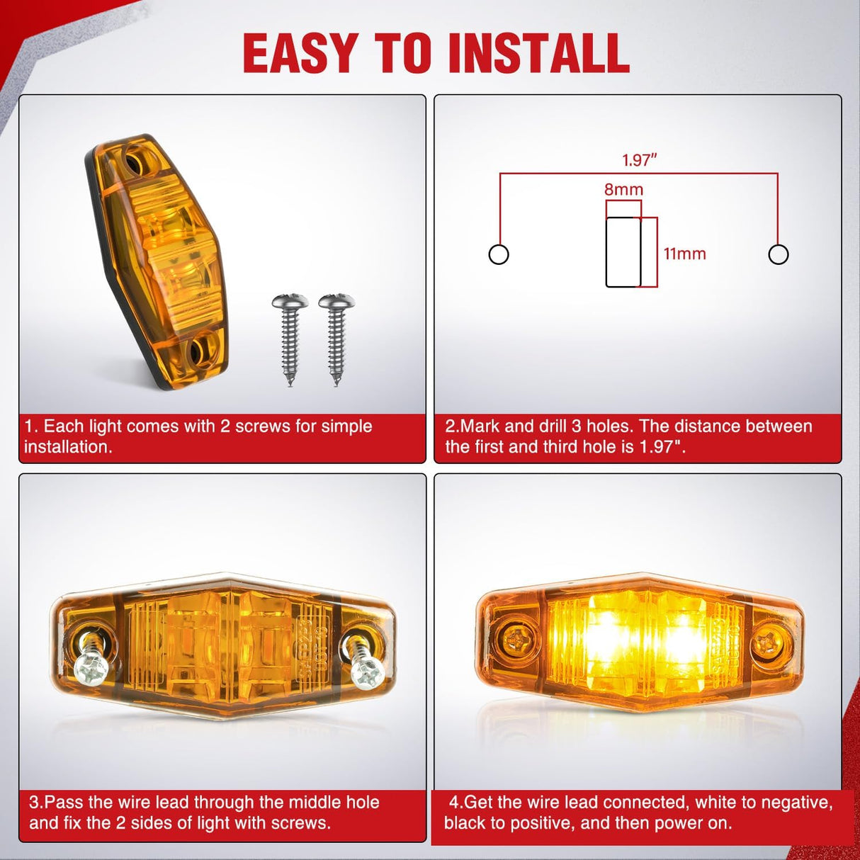 2.5 Inch Oval Side Marker Clearance Light 2 LED 8 Pack Amber 80LM High Lumen Waterproof Surface Mount 12V Direct Wire for Truck Trailer Boat RV Semi