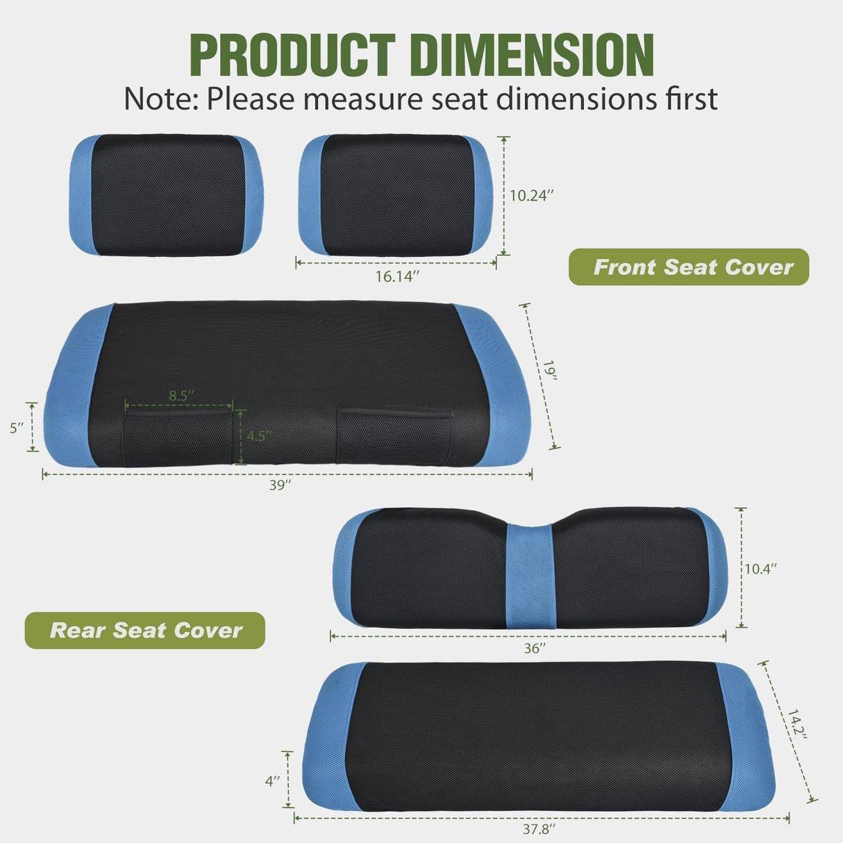 Golf Cart Seat Covers 2PCS Blue Black for Club Car DS Yamaha | Breathable Sandwich Mesh Sun Scratch Resistant Washable No Staple Fits 1982-2000 Club Car DS Yamaha G22 G19 G16 G9 G2