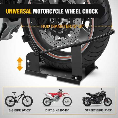 Motorcycle Wheel Chock 1800 lbs Capacity Wheel Cradle Holder Heavy-Duty Standard Steel Motorcycle Front Wheel Stand with 3 Adjustable Holes for 15 Inch-21 Inch Off-Road Motorcycles Black