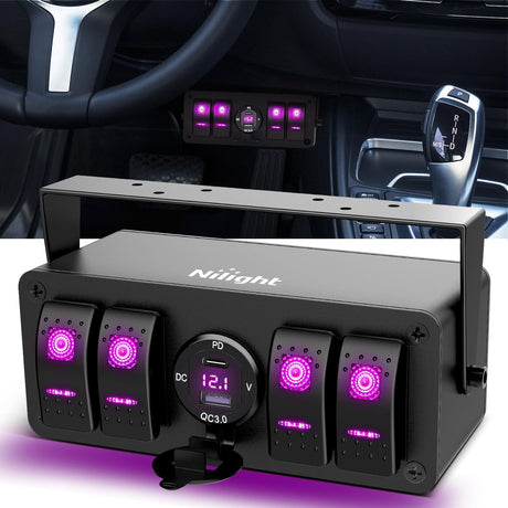 4 Gang Rocker Switch Box 12V SPST ON Off Toggle Switches PD Type C and QC 3.0 USB Sockcet Voltmeter Purple LED Light Waterproof Aluminum Mount Bracket Panel DIY Stickers for Boat Car RV Truck