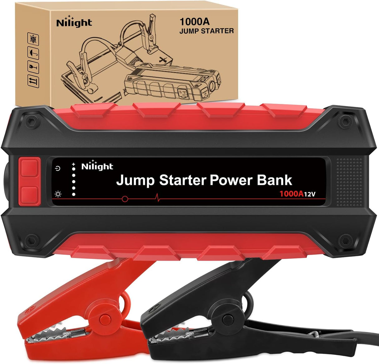 1000A Car Battery Jump Starter for Up to 6.0L Gas & 4.0L Diesel Engines 12V Portable Jump Start Booster Pack Jump Box with Jumper Cables DC Output and LED Light
