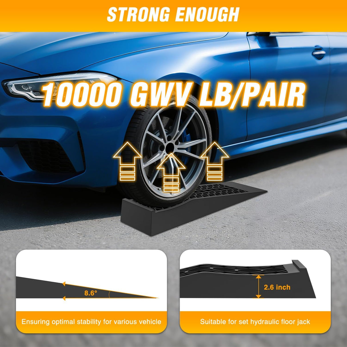 Low Profile Car Ramps, Portable Drive on Service Ramp for Support Jack Vehicle Maintenance, 10,000lb GVW Capacity, 2 Pack