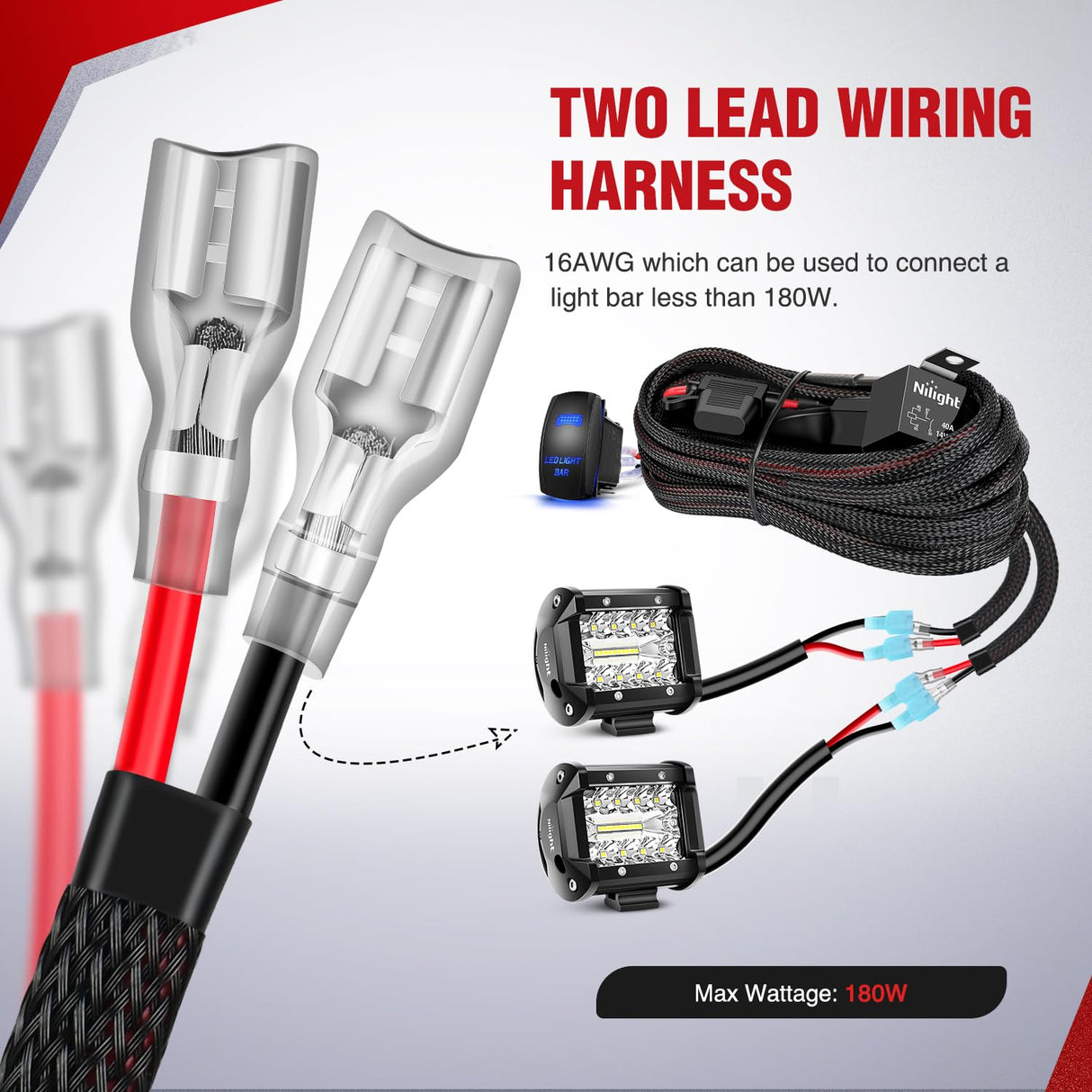 Wiring Harness Kit Nylon 16 AWG 2 Leads LED Light Bar 12V 5Pin Rocker Switch Laser On Off Power Relay Blade Fuse for Off Road Lights on Cars Jeep Boat Trucks