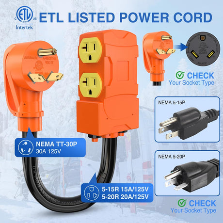 30 Amp to 20 Amp 110V RV Power Adapter Cord with Circuit Breaker NEMA TT-30P Male to 4X 5-15R/5-20R Female RV Distribution Adapter Plug ETL Listed 4 Household Outlets for RVs Camper Generator