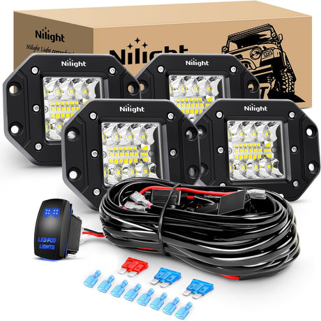 4PCS 42W Flush Mount LED Pods Spot Flood Combo Beam Driving Backup Reverse Grill Mount Light with 16AWG LED POD Lights Wiring Harness Kit -4 Leads