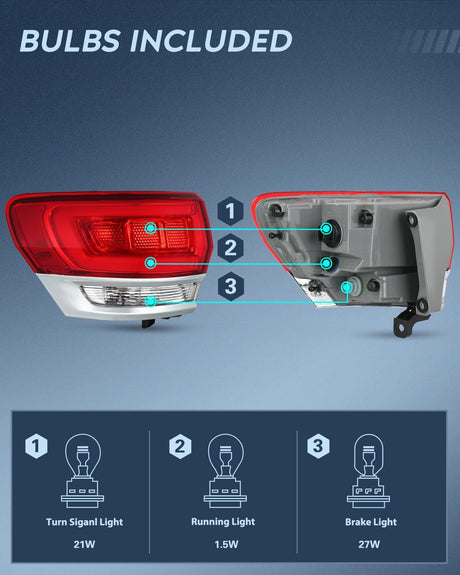 Taillight Assembly Compatible with 2014 2015 2016 2017 2018 2019 2020 Jeep Grand Cherokee Laredo/Limited/Overland/Summit Tail Lights Outer Driver Side w/Bulbs