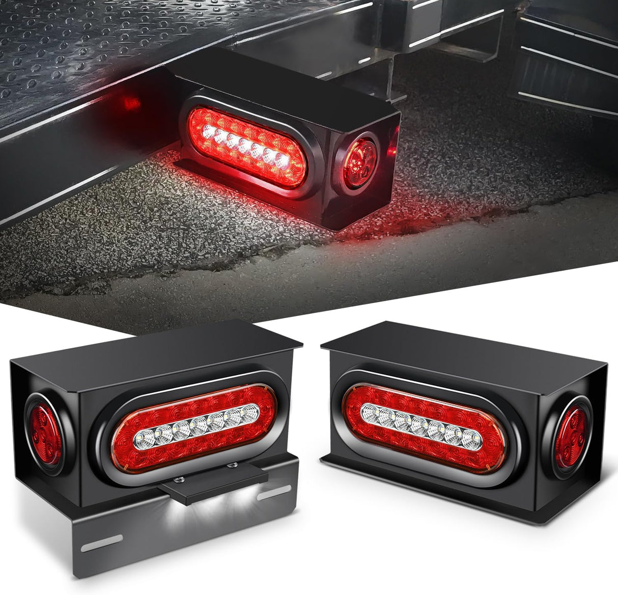 2 PCS Steel Trailer Light Boxes Housing Kit 3LED License Plate Lights 6 Inches Oval Red White Trailight 2 Inch Round Side Marker Lamp Grommet Plugs for Truck Tractor Car
