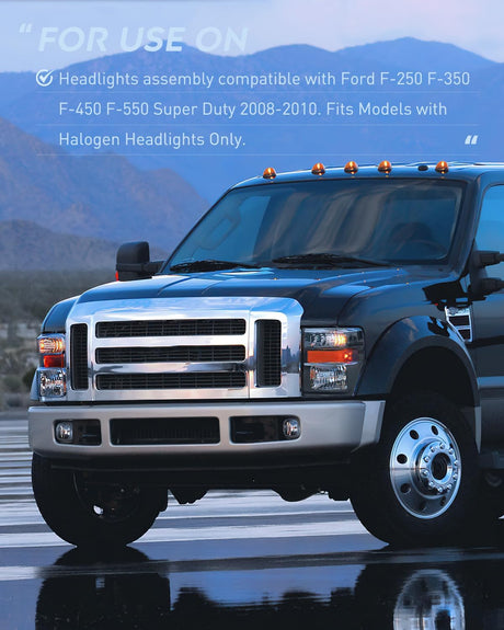 2008-2010 Ford F250 F350 F450 Super Duty Headlight Assembly Black Housing Amber Reflector Upgraded Clear Lens Nilight