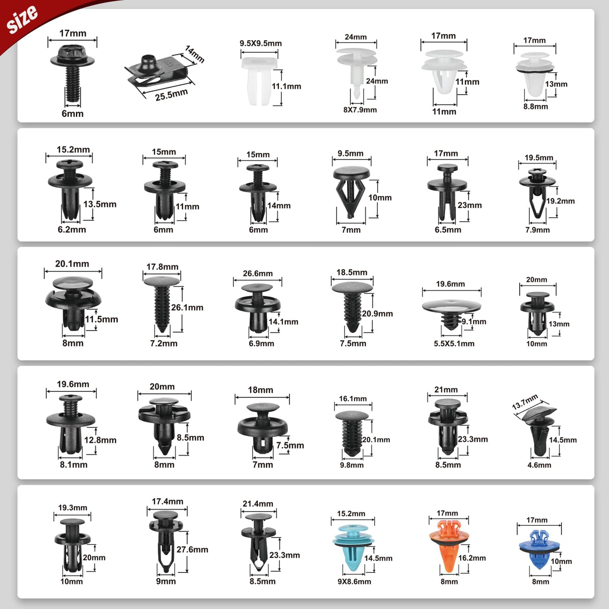 1045Pcs Car Push Retainer Clips Auto Fasteners Kit 30 Most Popular Sizes Nylon Bumper Fender Rivets with 5 Fasteners Remover 10 Cable Ties for Toyota GM Ford Honda Chevy
