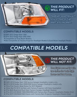 Headlight and Taillight Assembly Combo Compatible with 2009 2010 2011 2012 Dodge Ram 1500 2500 3500 OE Style Chrome Housing Amber Reflector with Red Housing Tail Lights
