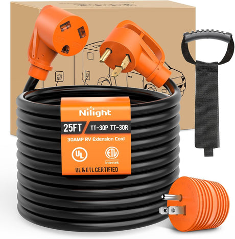 25FT 30 Amp RV Extension Cord with Adapter 15Amp to 30Amp 125V Heavy Duty 10/3 Gauge Pure Copper STW Wire UL ETL Listed 3 Prong TT-30P TT-30R Weatherproof Suit for Generators Campers