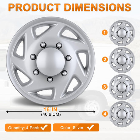 Wheel Cover Hubcaps 16 Inch for Ford Truck CEG 1998-2007 Econoline MTD E250 E350 E450 E550 2008-2021 Hub Caps 16 inch Set of 4 Rim Covers Protector Wheel Replacement F8UZ1130AA 7 spoke, Silver