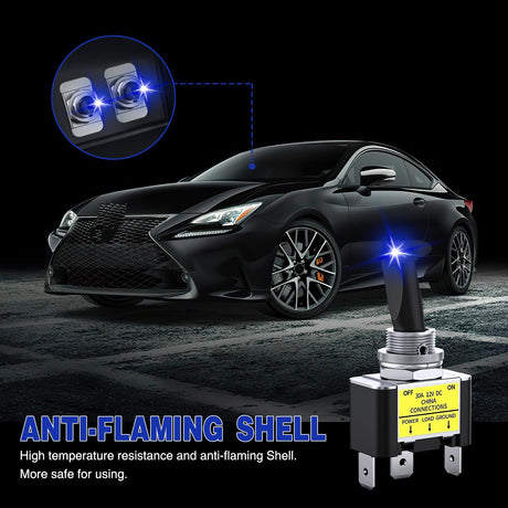 2PCS Blue LED Toggle Switch 12V DC 30A 3 Pin On Off 2 Position Heavy Duty Rocker Switch with 14AWG Wire for Automotive Cars Trucks Boats Racing Cars Auto Boat