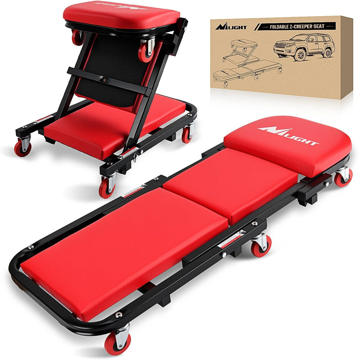 40 Inch Z Creeper - 2-in-1 Folding Rolling Mechanic Seat, 40 inches Adjustable Lay-Down or Sit Garage Chair, 330 lbs Capacity, Red Black