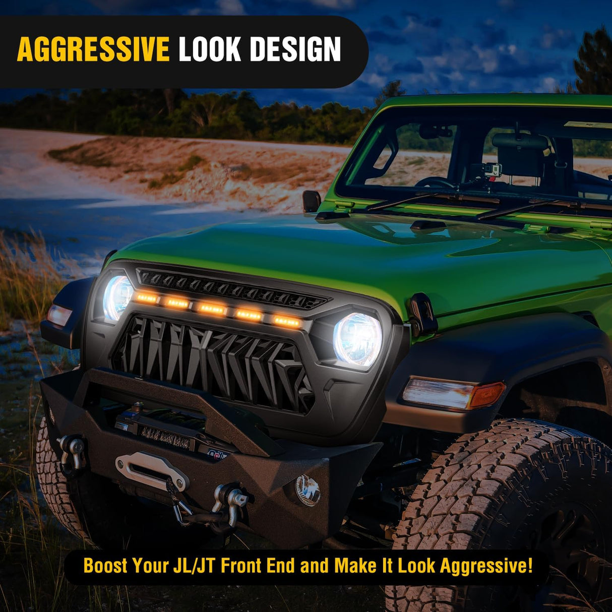 Front Grille Cover for 2018 2019 2020 2021 2022 2023 2024 2025 Wrangler JL and Gladiator JT with LED Amber Lights Matte Black