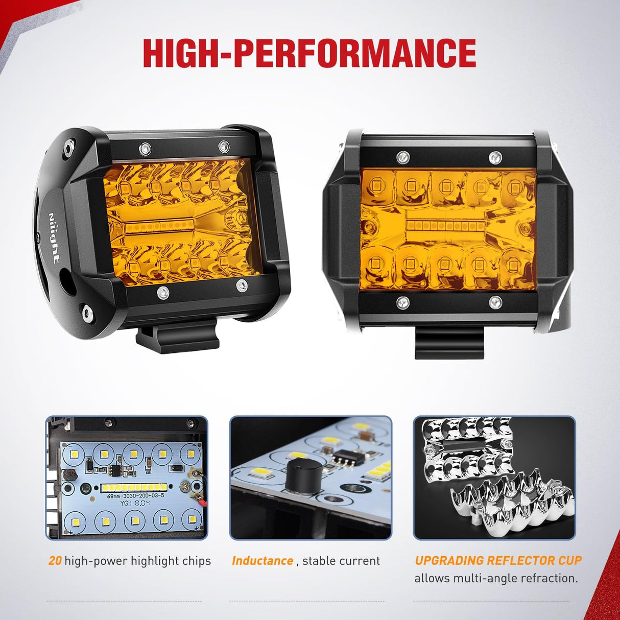 4 Inch Amber LED Light Pods 2PCS Triple Row 60W Flood Spot Combo Offroad Driving Fog Lighting for 12V 24V Pickup Truck ATV UTV SUV
