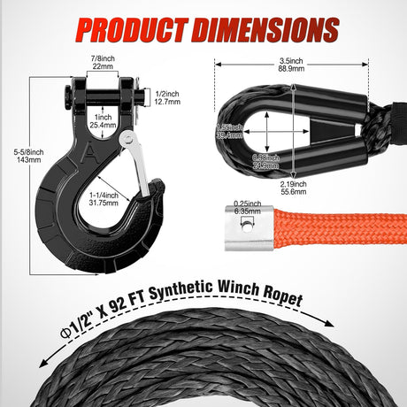 1/2 Inch x 92 Inch Synthetic Winch Rope 32,000 lbs Winch Line Cable Ropes Kit with Thimble Protective Sleeve 35000lb Heavy Duty Winch Hook for SUV 4WD Off Road Vehicle Truck ATV UTV, Black & Orange