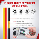 50FT 16AWG 3 Conductor Electrical Wire Tinned Oxygen Free Copper Red Black Yellow 3 Wires Parallel 600V DC Flexible PVC Case Extension Cords for LED Strips Lamps Lighting