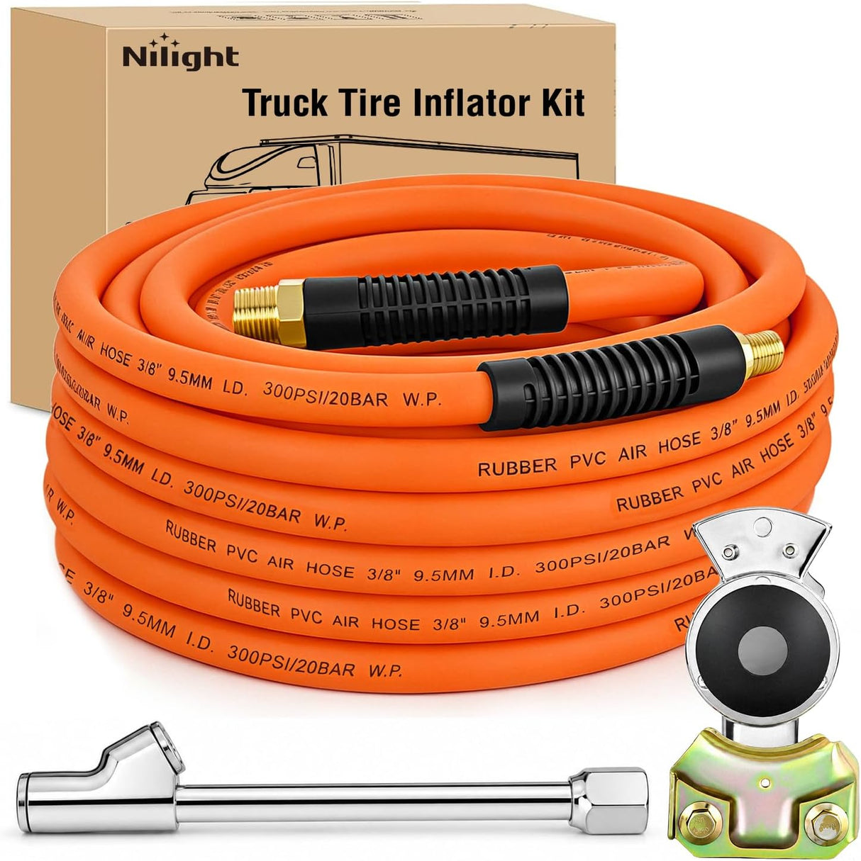 Heavy Duty Truck Tire Inflator Kit 3/8 in x 50 FT 300 PSI | Hybrid Air Hose with Universal Glad Hand and Air Chuck Lightweight Kink Resistant Semi Trailer Tractor Tire Inflation Hose