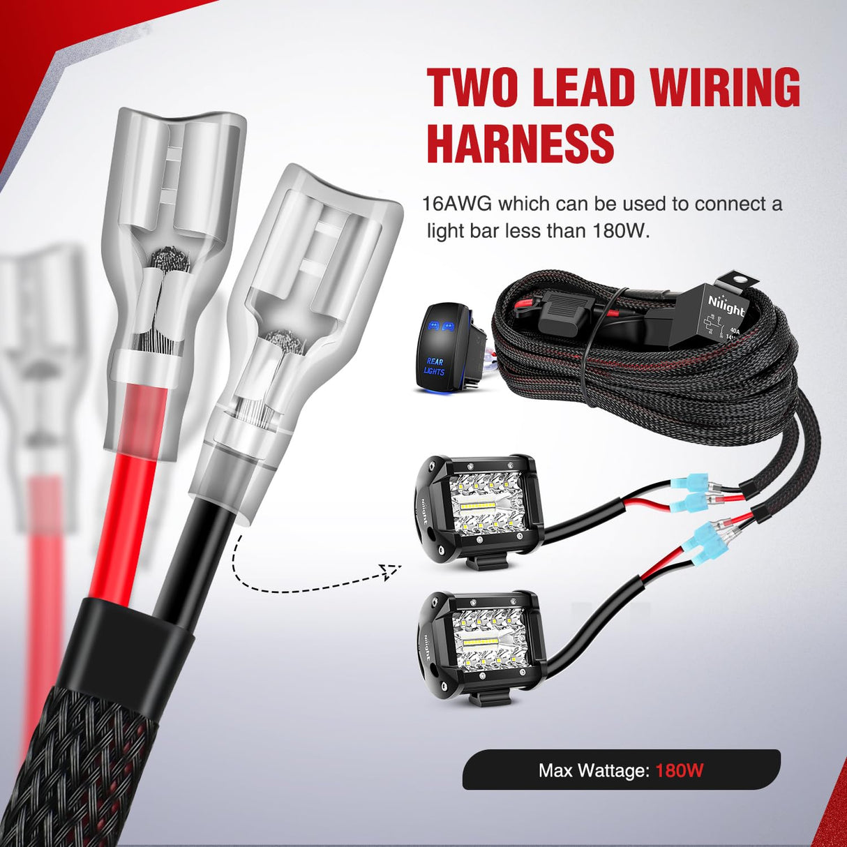 Wiring Harness Kit Nylon 16 AWG 2 Leads Rear Lights 12V 5Pin Rocker Switch Laser On Off Power Relay Blade Fuse for LED Off Road Light Bar on Cars Jeep Boat Trucks