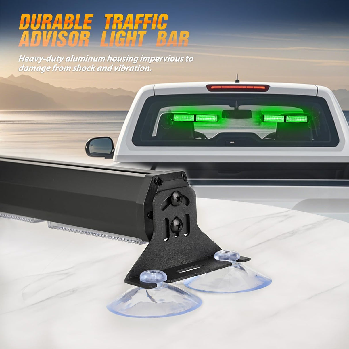 40LED Green Emergency Strobe Traffic Advisor Light Bar with Suction Cups Dash Safety Warning Hazard Flashing Lights Interior Front/Rear Windshield for Trucks Construction Vehicles