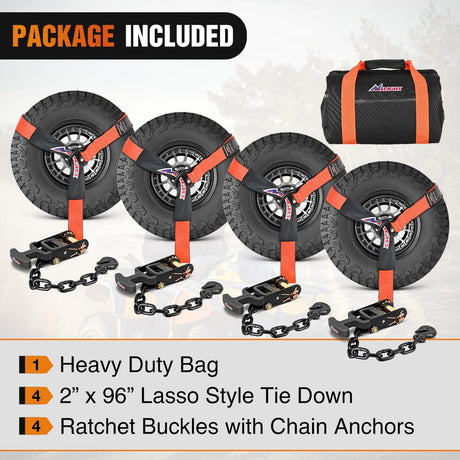 Car Tie Down Straps with Chain Hook Anchors 4 Pack Adjustable Wheel Straps 2 Inch x 96 Inch Lasso Style 3,674 lbs Safe Working Load Comes with Bag for Truck Cars UTV Orange
