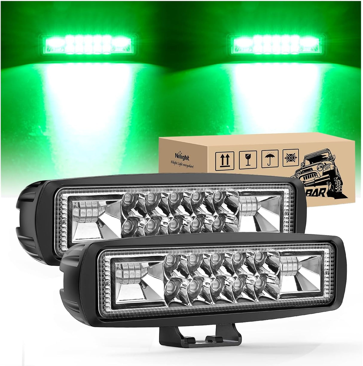 6 Inch Green LED Light Pods 2 PCS 60W Flood Spot Combo Beam Off Road Driving Fog Fishing Hunting Emergency Safety Signal Trailer Lighting for 12V 24V ATV UTV Pickup Truck Tractor Boat