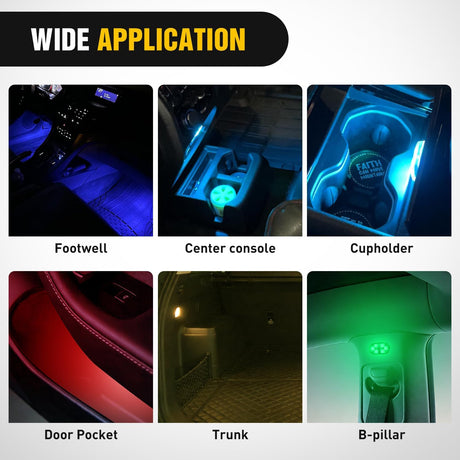 Wireless Magnetic RGB LED Interior Lights, 4 PCS 7 Colors USB Rechargeable Universal Mini Sticky Footwell Ambient Atmosphere Reading Lamp with Touch Sensor, Portable Night Lighting for Car