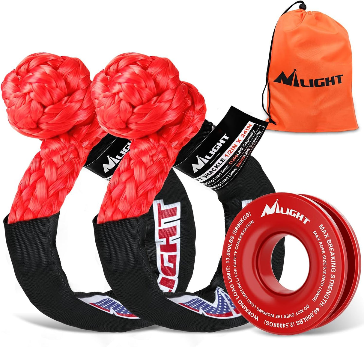 2PCS Synthetic Soft Shackle 1/2 Inch x 24 Inch & Recovery Ring Kit - 56,000 LBS Shackle Breaking Strength with 46,000 LBS MBS Snatch Pulley for 4x4 Truck SUV ATV UTV Off-Road Vehicle Extraction (Red)