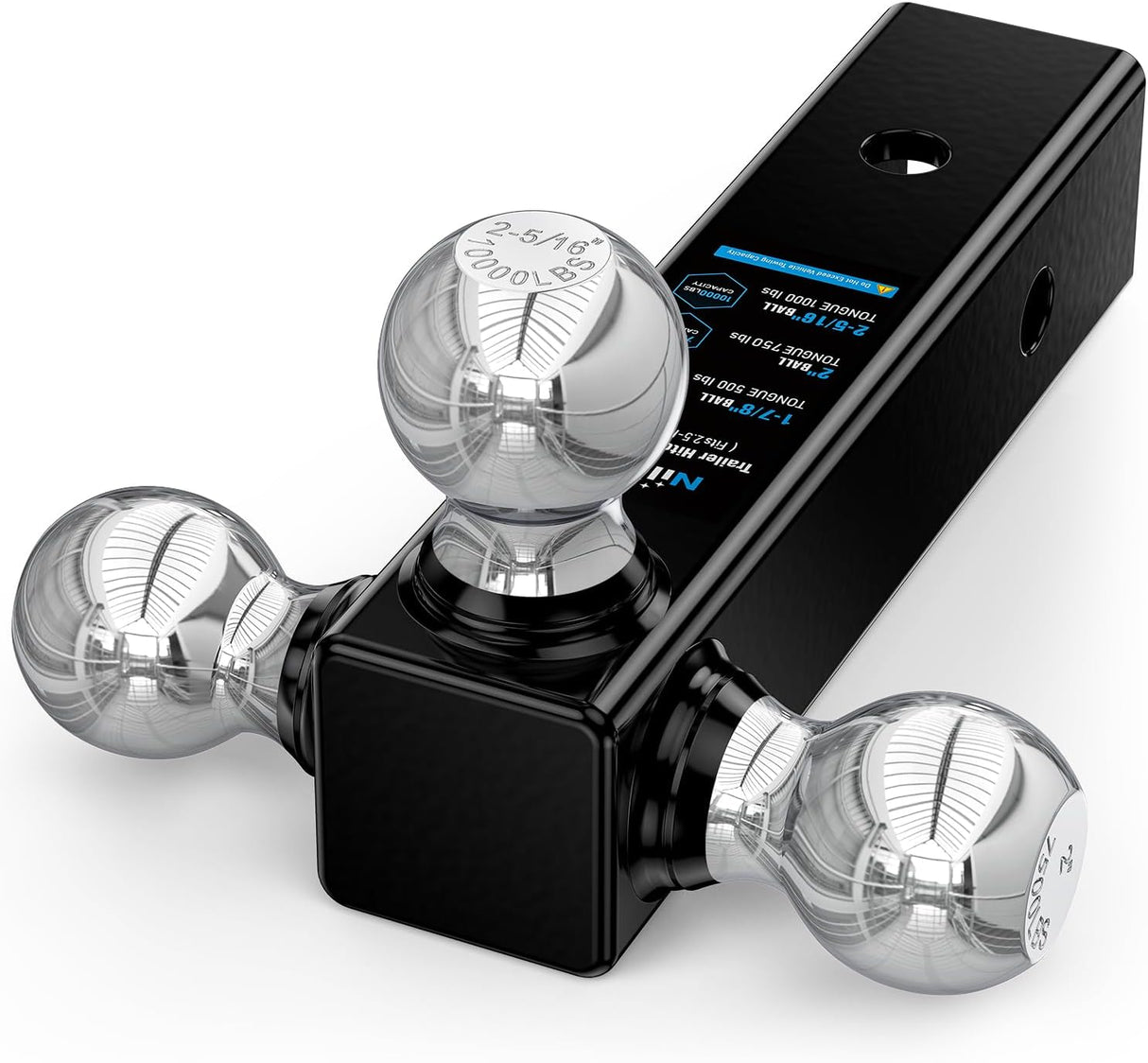 Multi-Ball Trailer Hitch Ball Mount, 1-7/8, 2, 2-5/16-Inch Balls, Triple Ball Mount fits 2-1/2-Inch Hitch Receiver, Chrome Plating