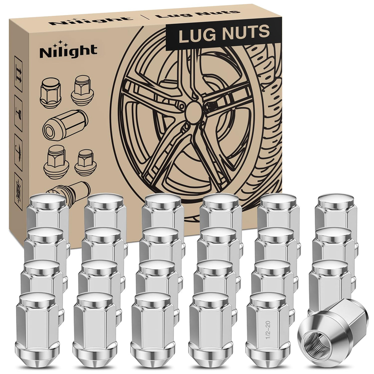 24PCS 1/2-20 Lug Nuts Compatible with 1987-2017 Wrangler YJ TJ JK | for 1975-1996 F-150 1966-1996 Bronco 1983-2011 Ranger One-Piece Solid Chrome Steel Aftermarket Wheel Nuts Replace
